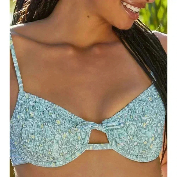 Roxy Eco Seaside Tropics Smocked Underwire Bikini Top Size Large Green Swimwear - Picture 2 of 5